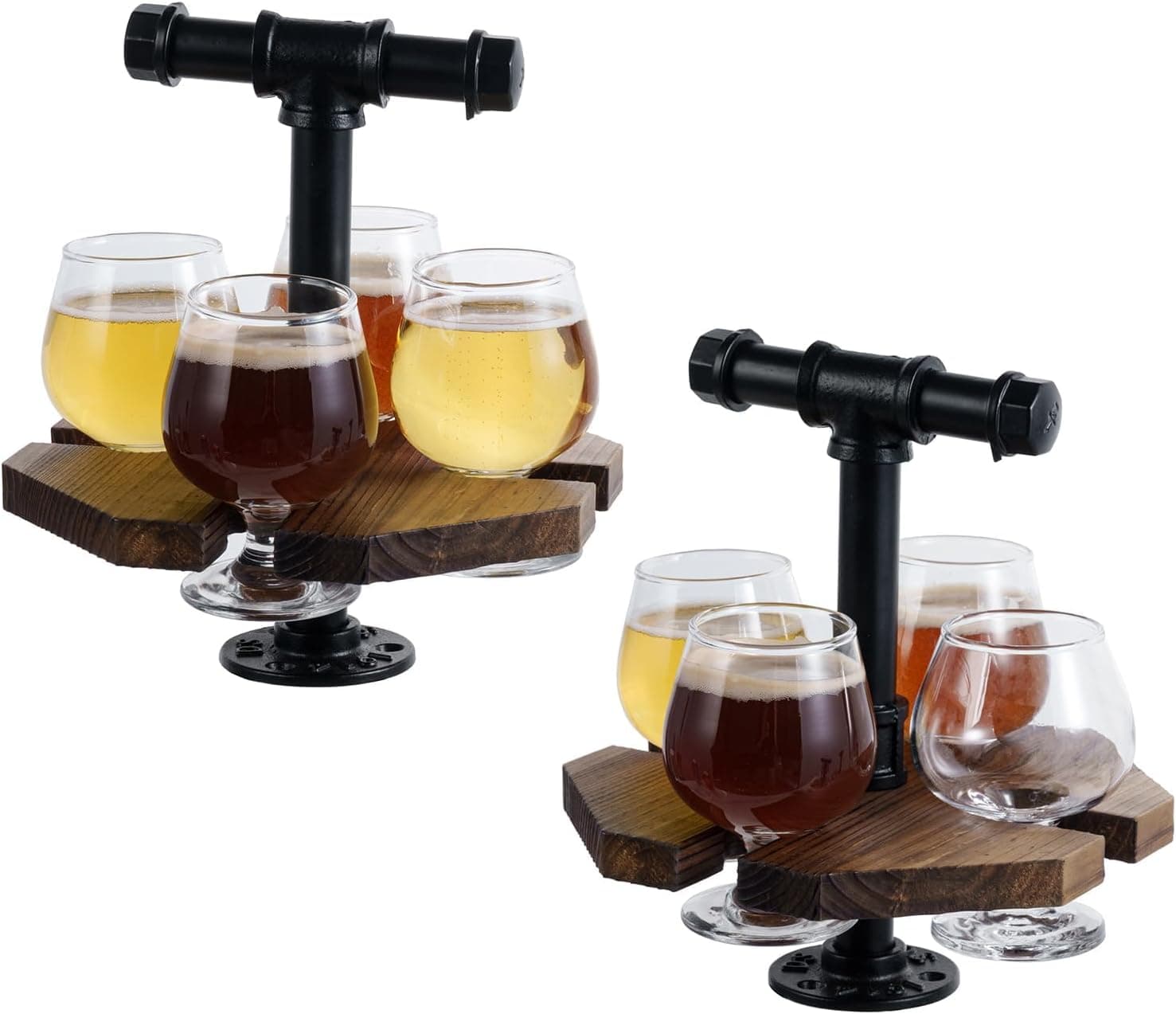 Wooden whiskey flight paddle with 4 glasses