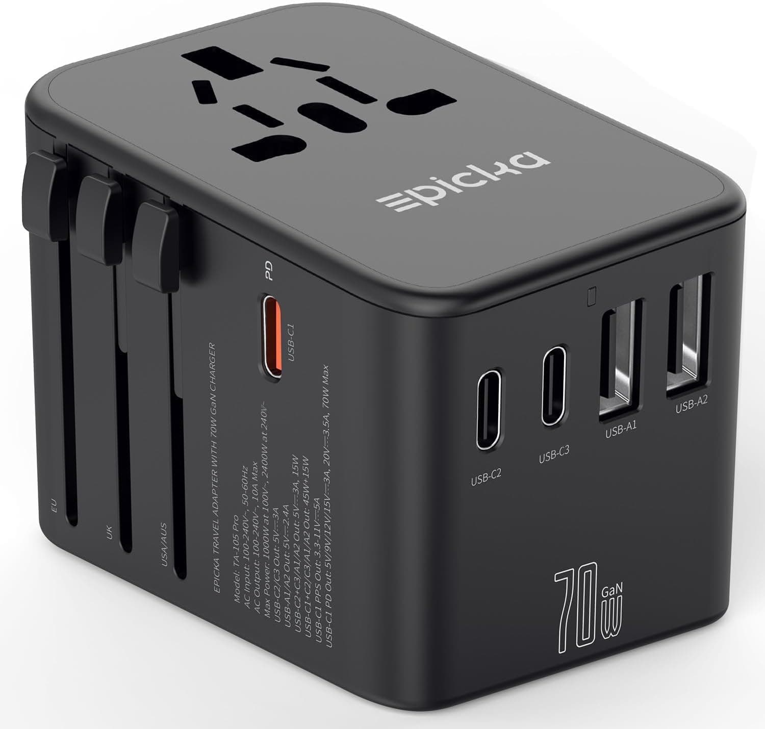 Universal travel adapter with USB-C PD
