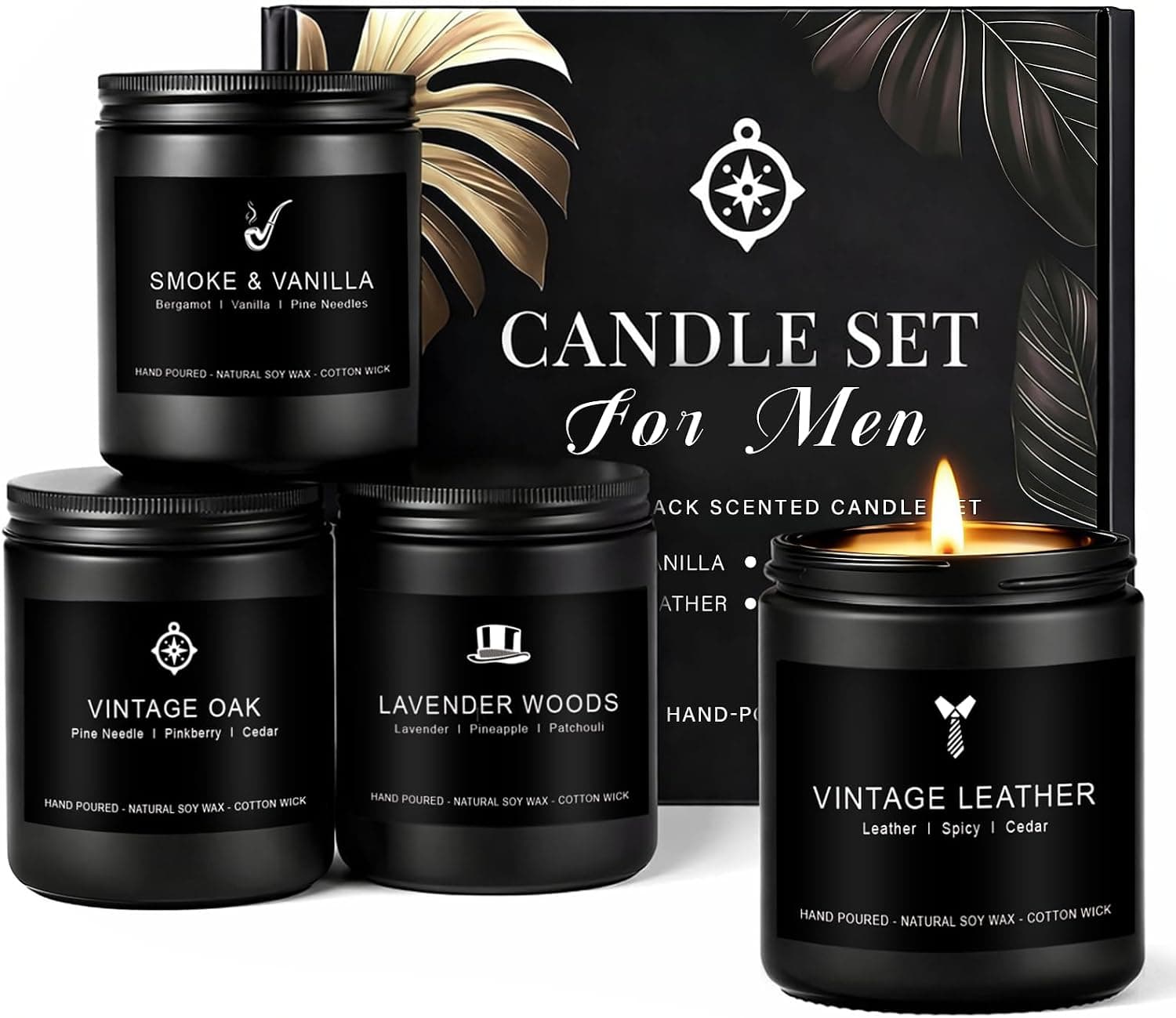Soy candle set — bourbon, leather, campfire
