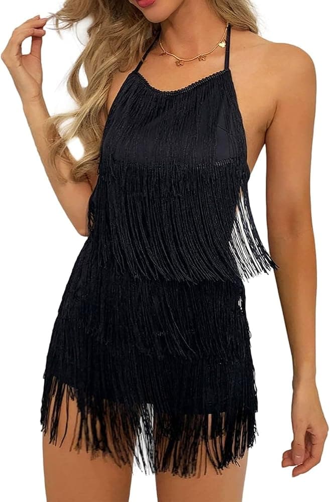 Evelust fringe halter romper